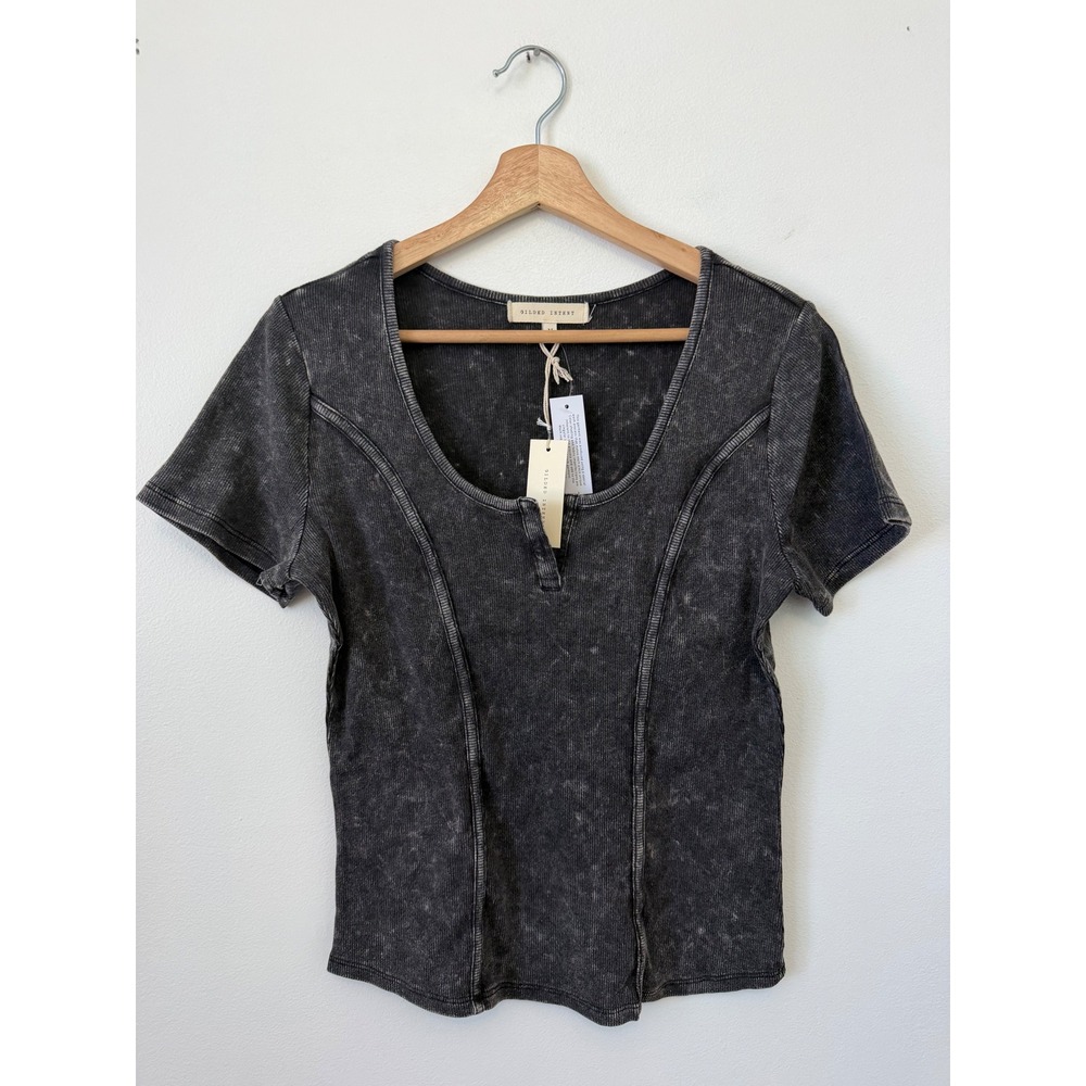 Buckle Gilded Intent Washed Notch Neck Top – Washed Black – Size Medium – NWT - Picture 2 of 5